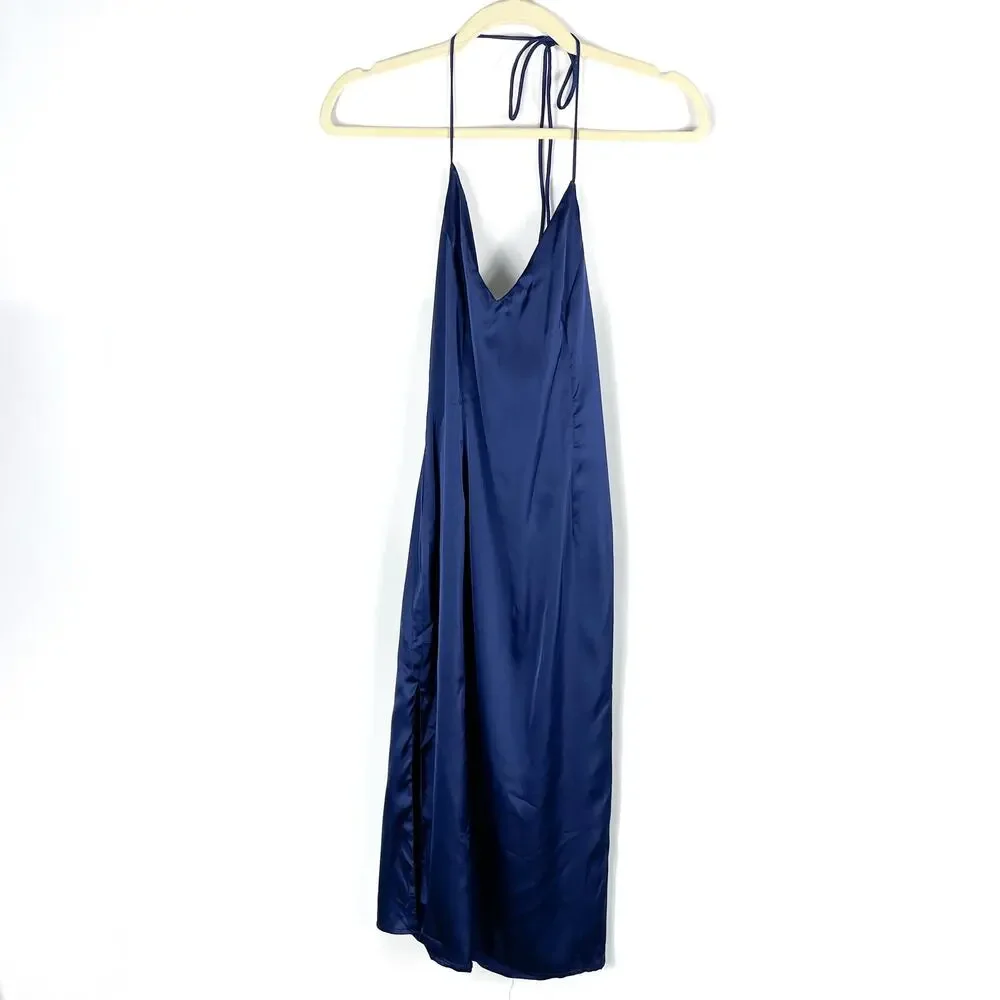Superdown Frida Side Slit Dress Navy Blue Midi‎ Satin Sleeveless Sz M